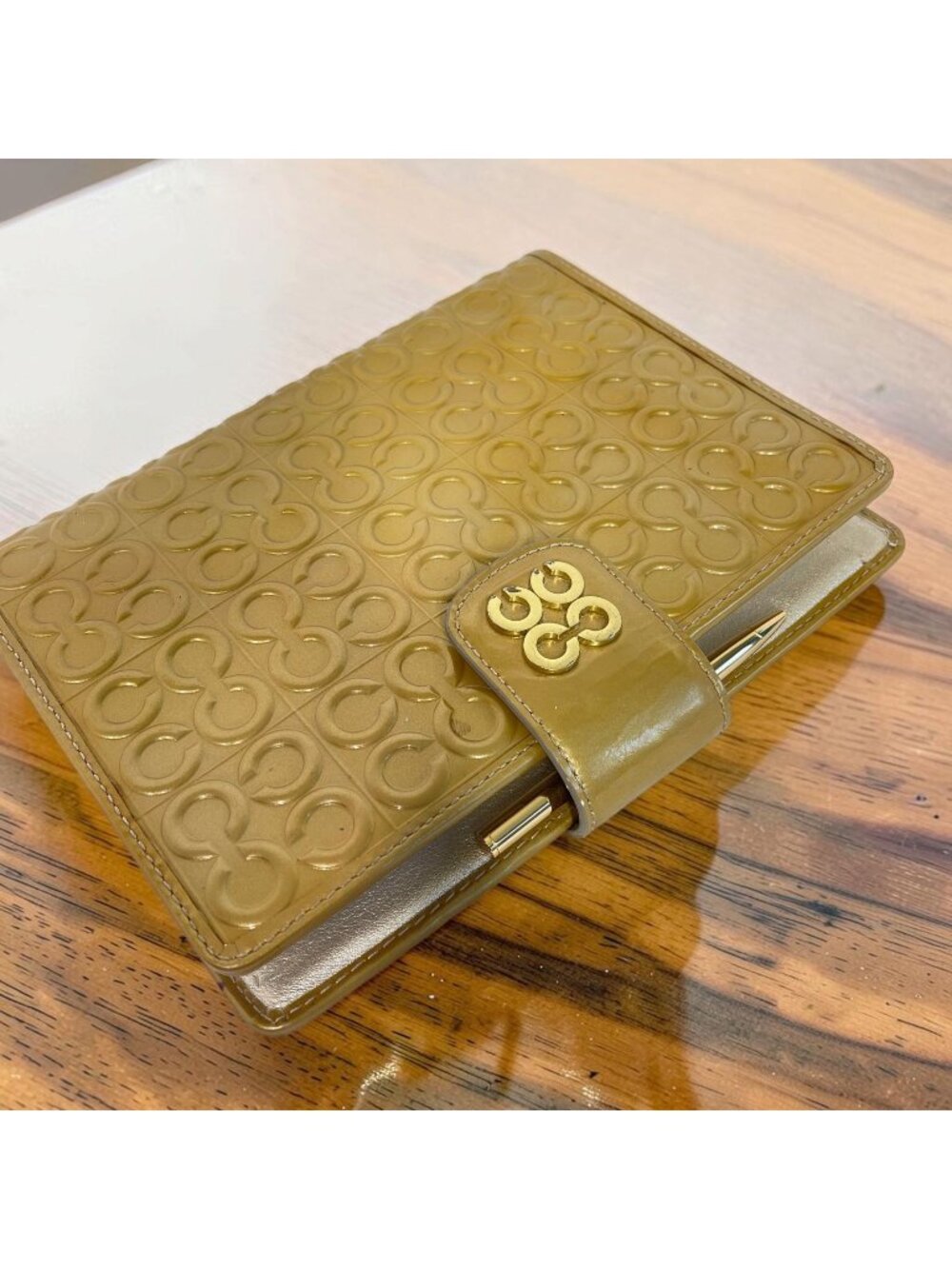 Coach Signature Embossed Patent Leather Gold Agenda Cover with Original Pen